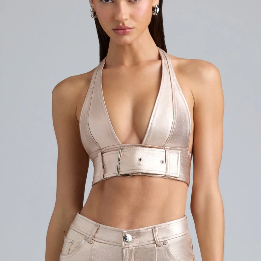 Oh Polly x Bratz NYSSA Metallic Denim Belted Crop Top in Champagne Size 12